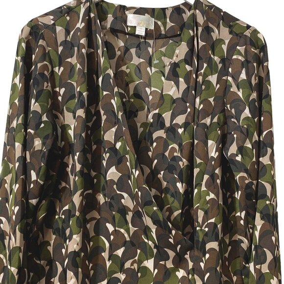 Belle by Kim Gravel Top Size Medium Olive Camo Print Blouse Long Sleeve Crossove - Picture 7 of 10